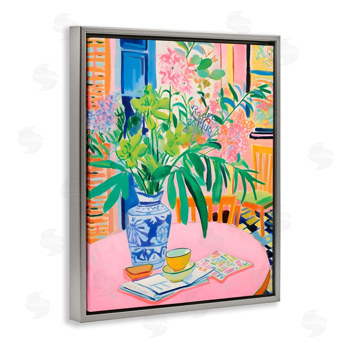 Creative Studio Flowers At The Table Gray Floating Frame Canvas Art Print