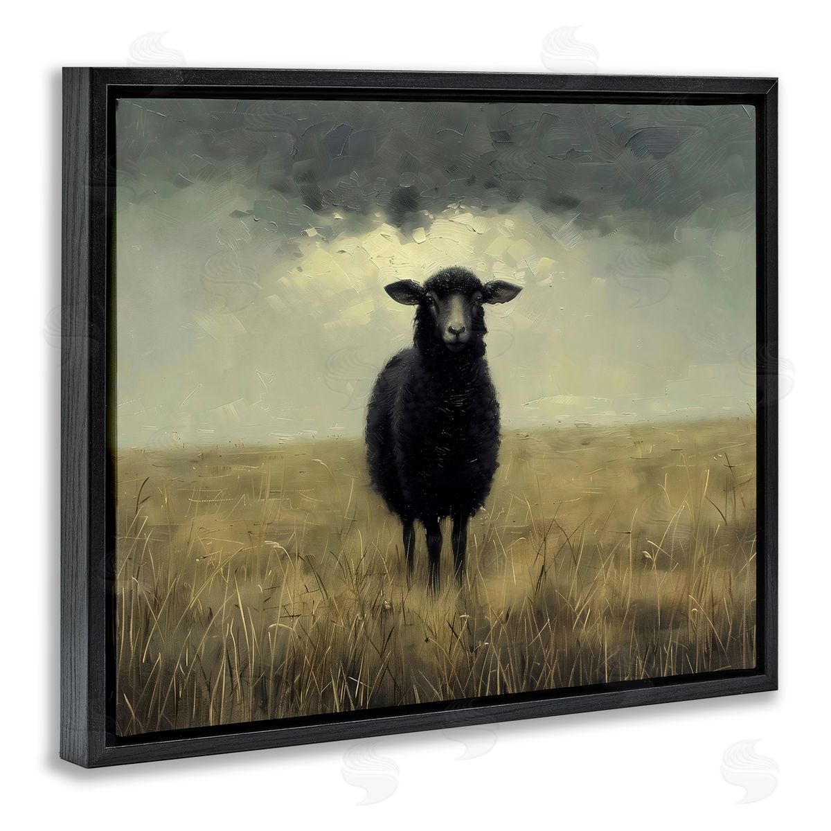 Arlington Prints Black Sheep in Field Black Floating Frame Canvas Wall Art Print