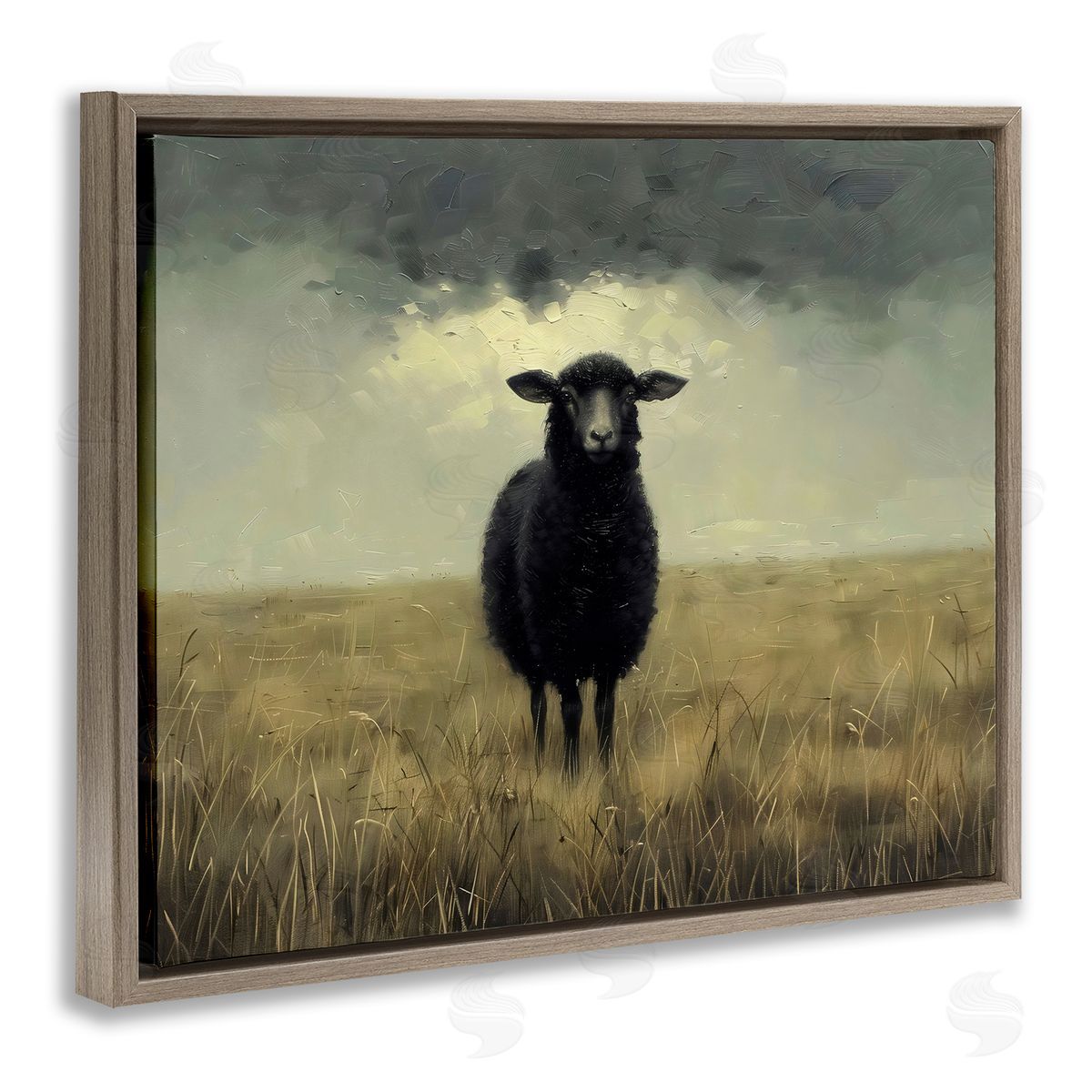 Arlington Prints Black Sheep in Field Brown Floating Frame Canvas Art Print