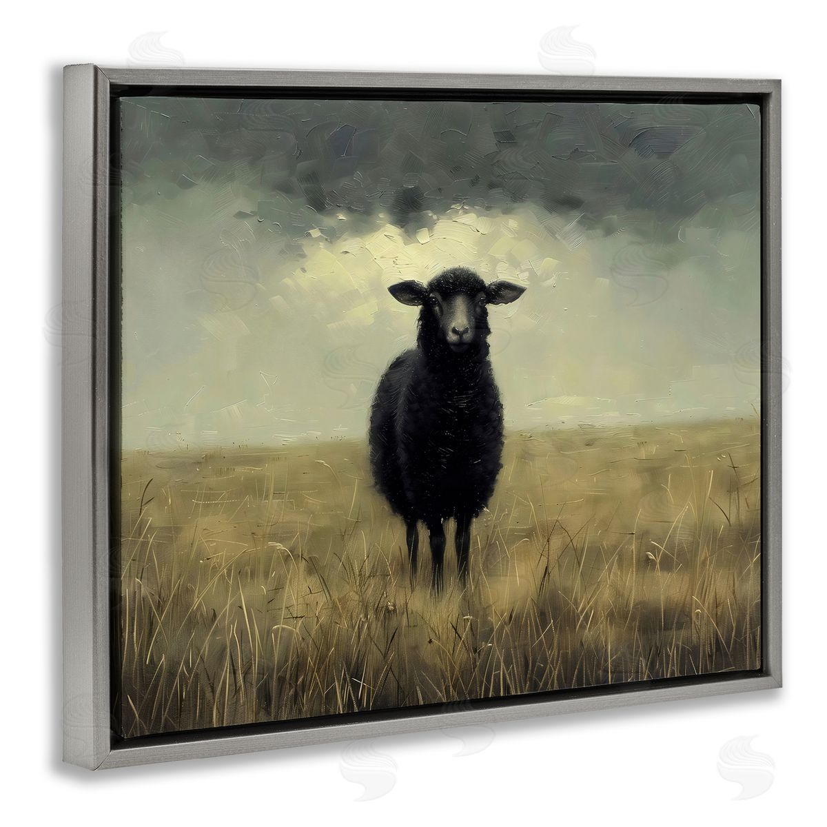 Arlington Prints Black Sheep in Field Gray Floating Frame Canvas Art Print