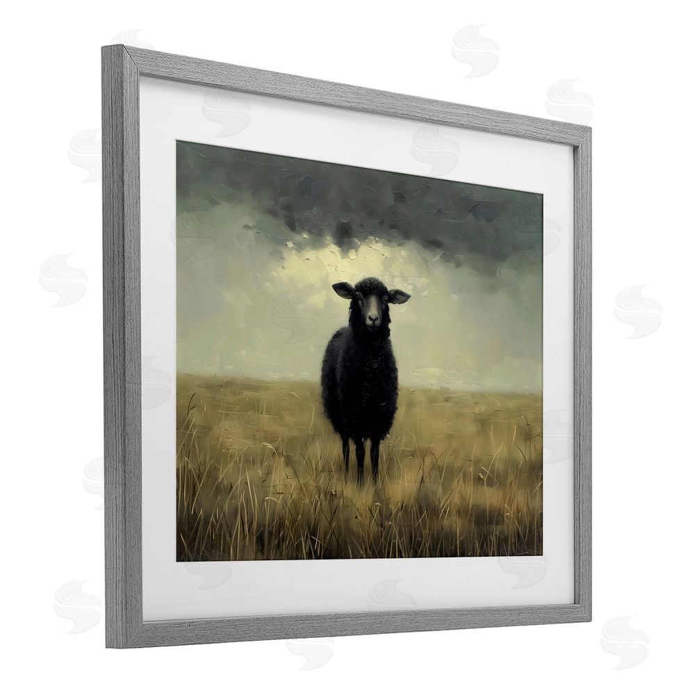 Arlington Prints Black Sheep in Field Gray Framed Print Under Glass Art