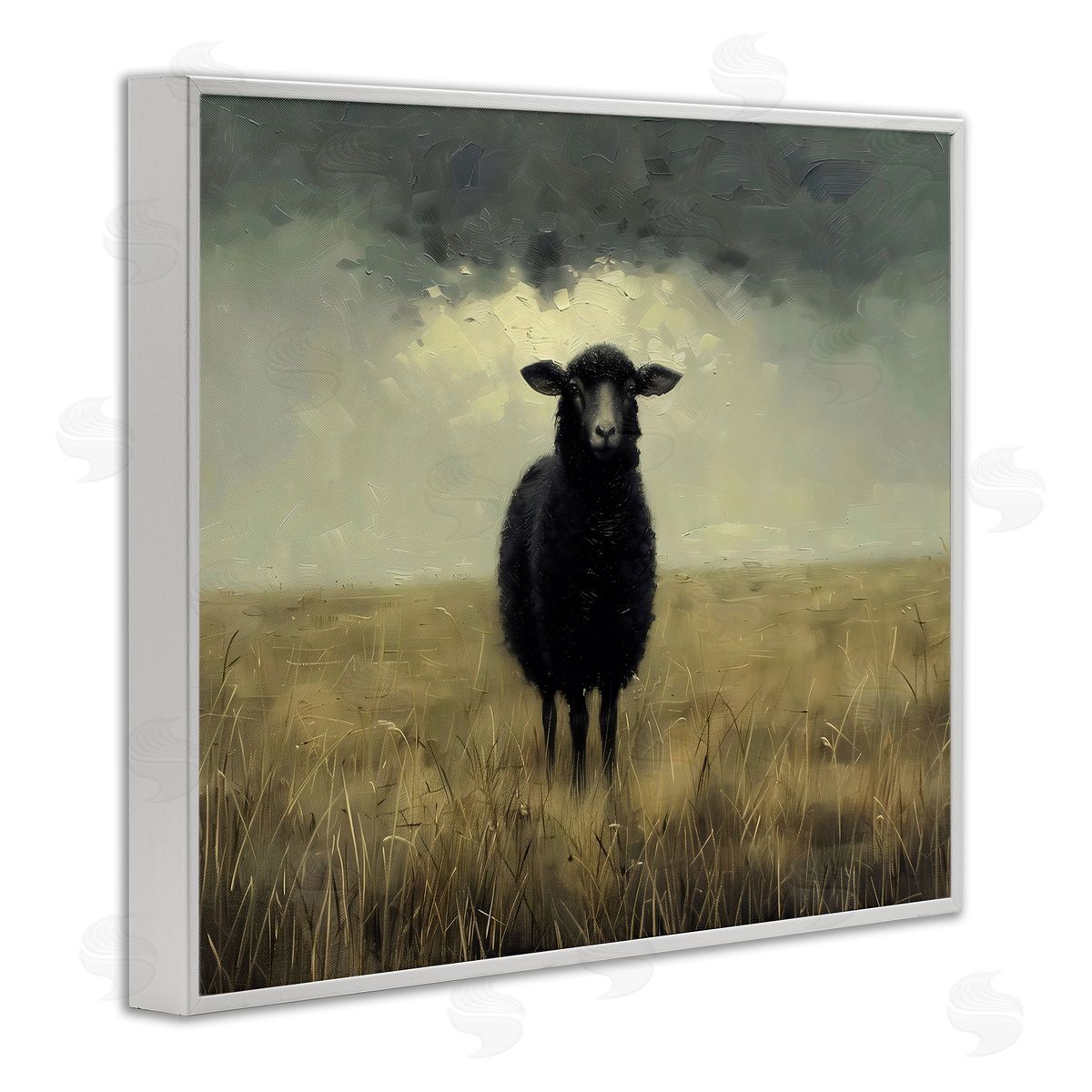 Arlington Prints Black Sheep in Field White Frame Giclee Art Print
