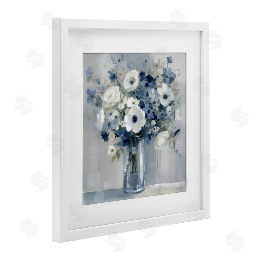 Creative Studio Peaceful Blues Bouquet White Framed Print Under Glass Art