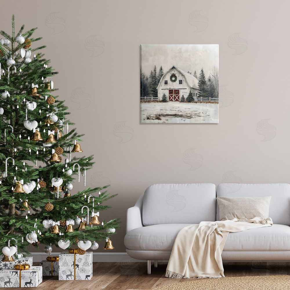 Creative Studio White Christmas Barn with Wreat Printed Wall Art in Room