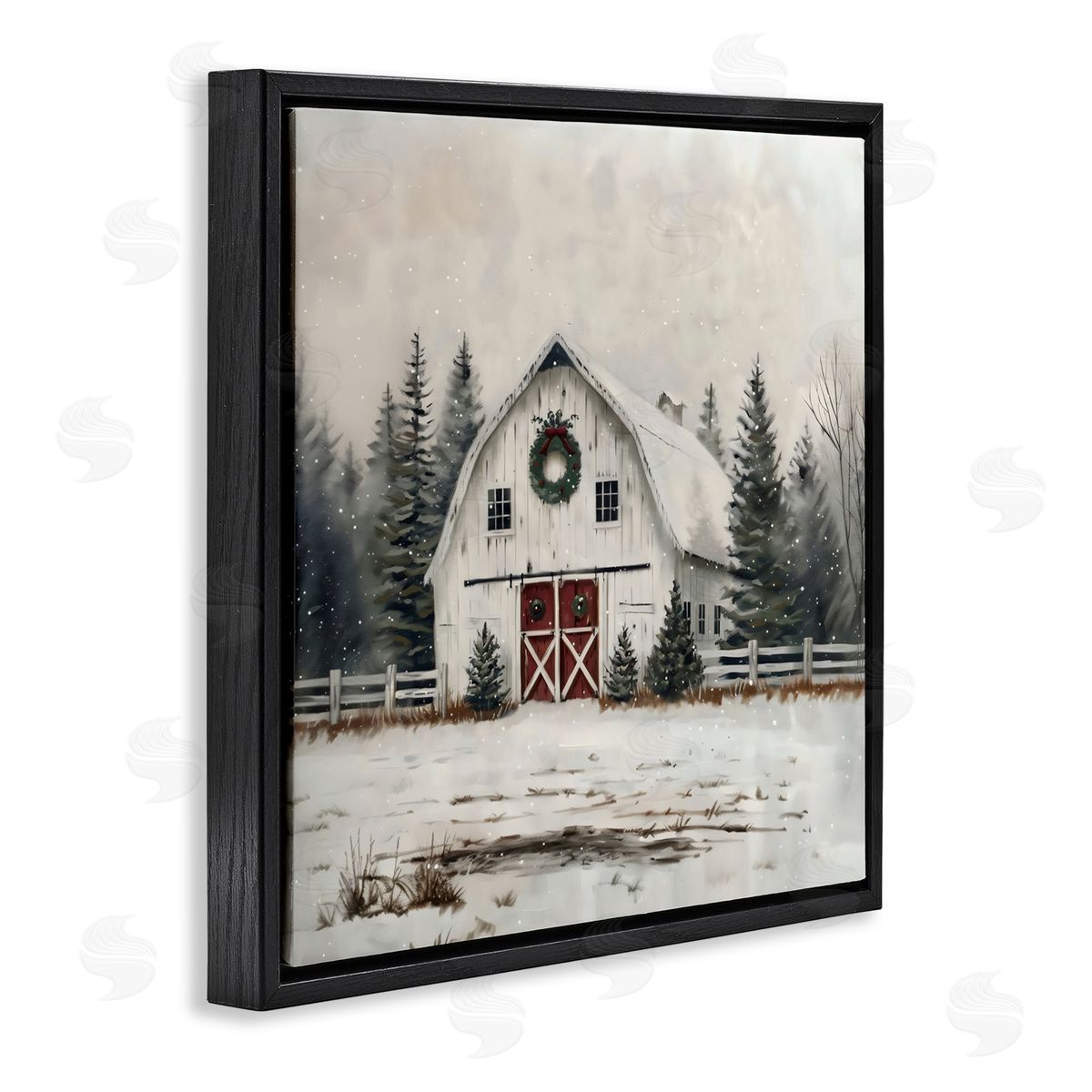 Creative Studio White Christmas Barn with Wreat Black Floating Frame Canvas Wall Art Print