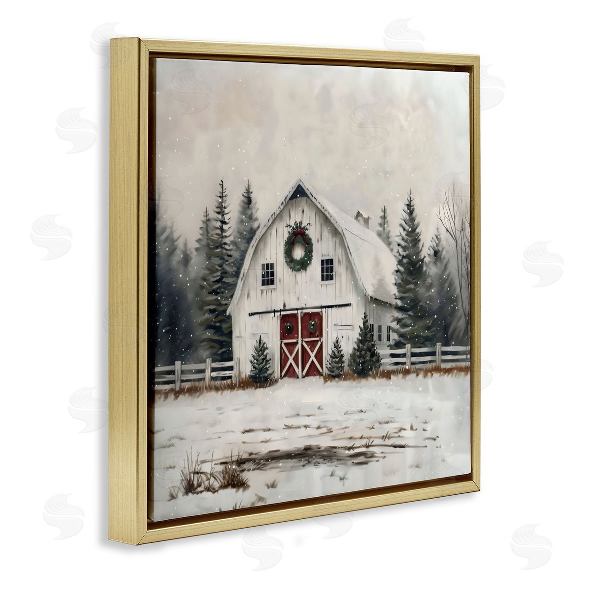 Creative Studio White Christmas Barn with Wreat Gold Floating Frame Canvas Art Print
