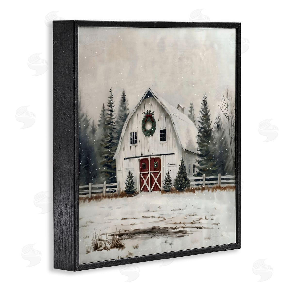 Creative Studio White Christmas Barn with Wreat Black Framed Giclee Art Print