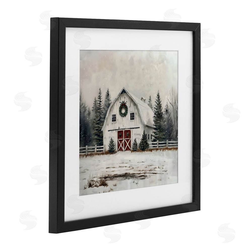 Creative Studio White Christmas Barn with Wreat Black Framed Print Under Glass Art