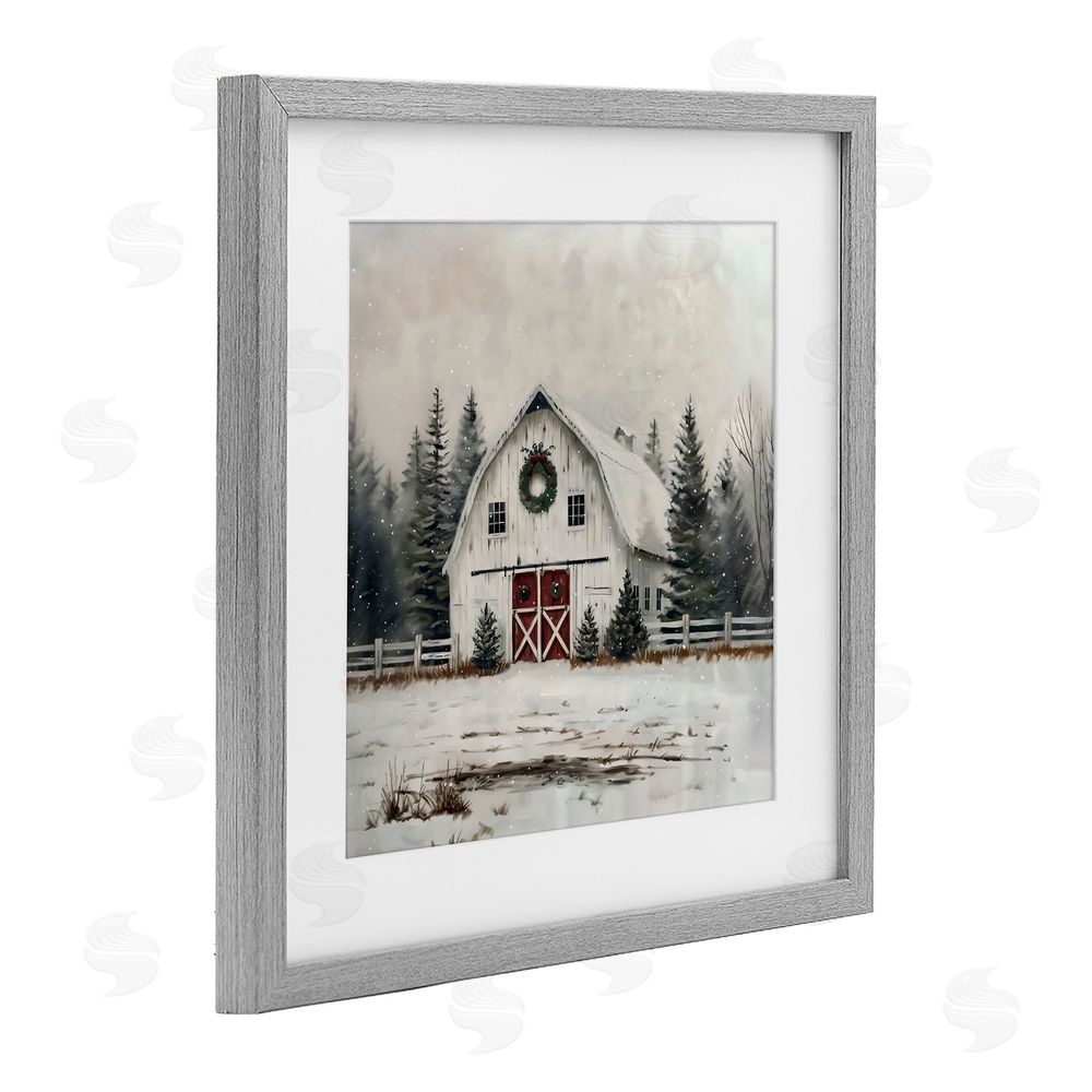 Creative Studio White Christmas Barn with Wreat Gray Framed Print Under Glass Art