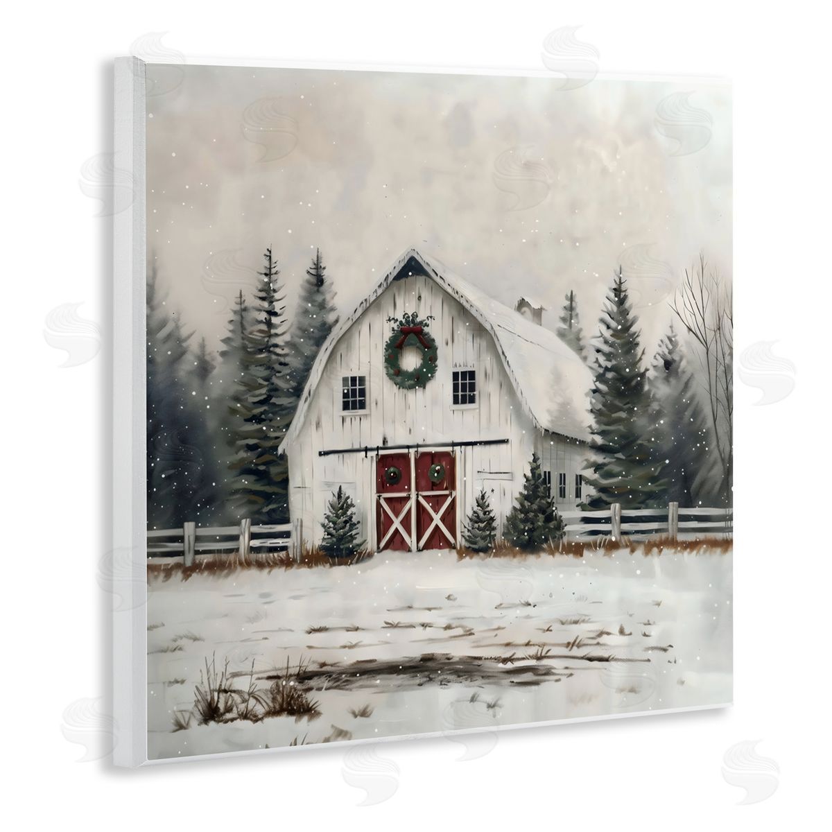 Creative Studio White Christmas Barn with Wreat Wall Plaque Art Print
