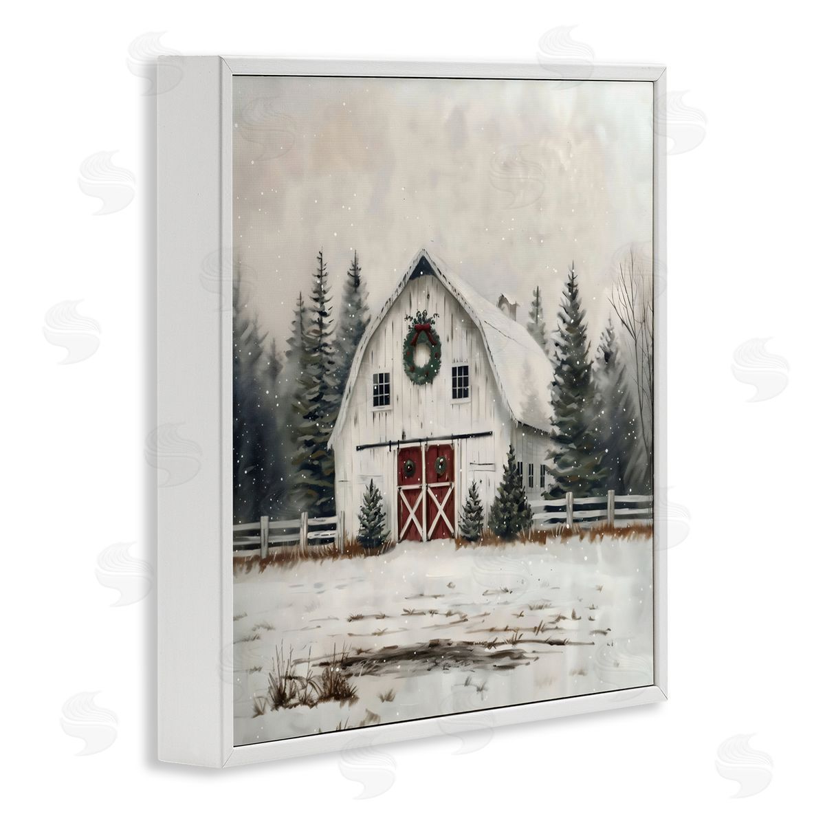 Creative Studio White Christmas Barn with Wreat White Frame Giclee Art Print