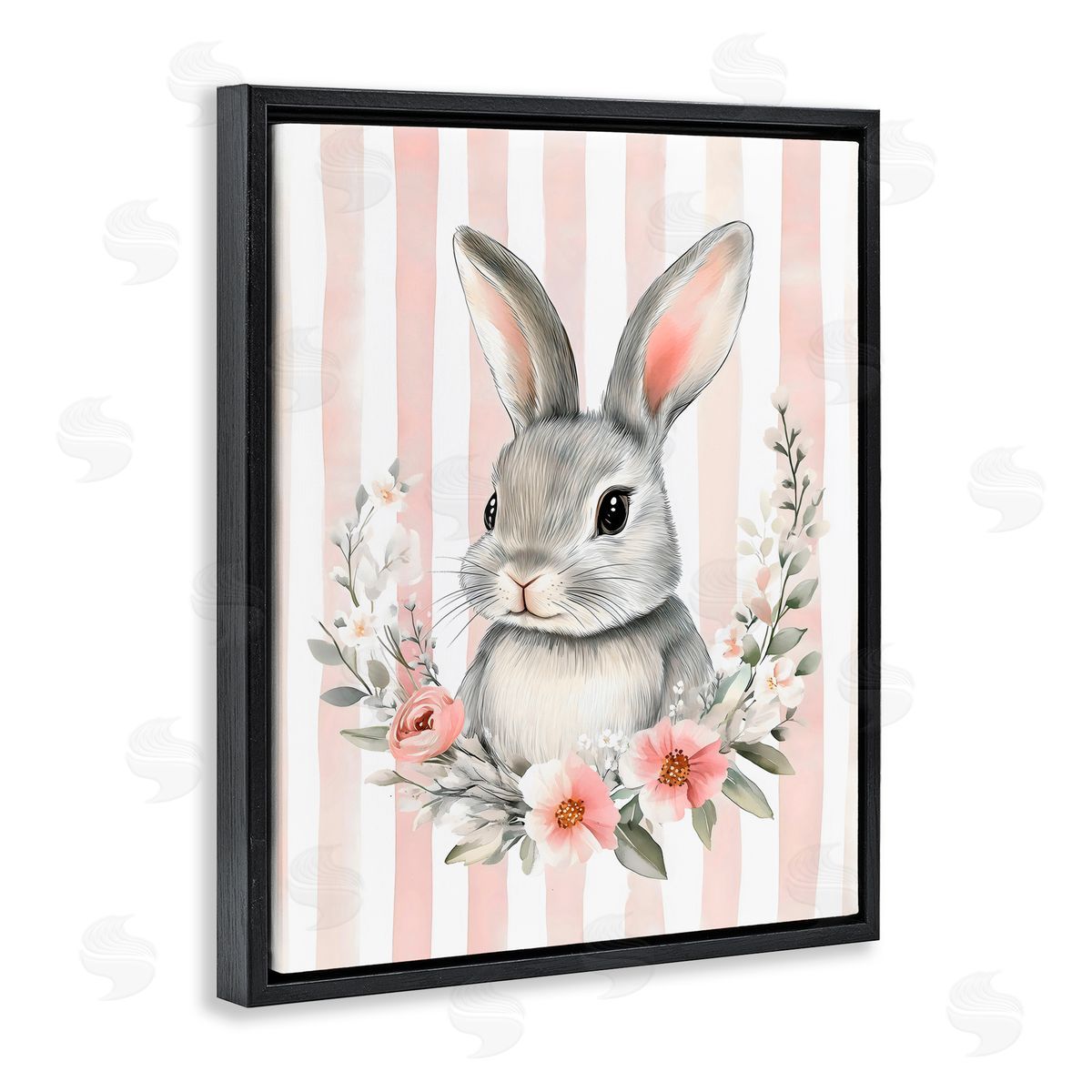 Arlington Prints Pink Striped Nursery Bunny Black Floating Frame Canvas Wall Art Print