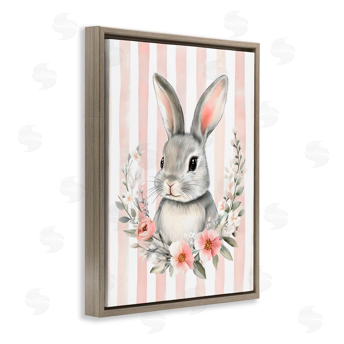 Arlington Prints Pink Striped Nursery Bunny Brown Floating Frame Canvas Art Print