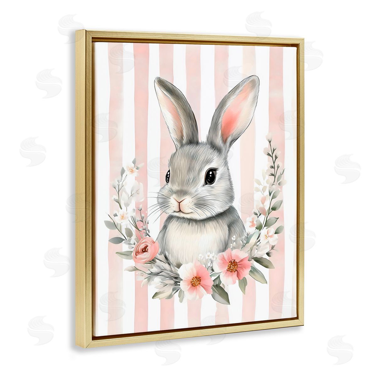 Arlington Prints Pink Striped Nursery Bunny Gold Floating Frame Canvas Art Print