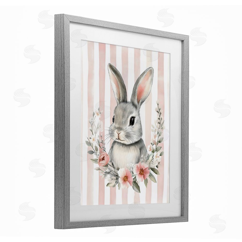 Arlington Prints Pink Striped Nursery Bunny Gray Framed Print Under Glass Art