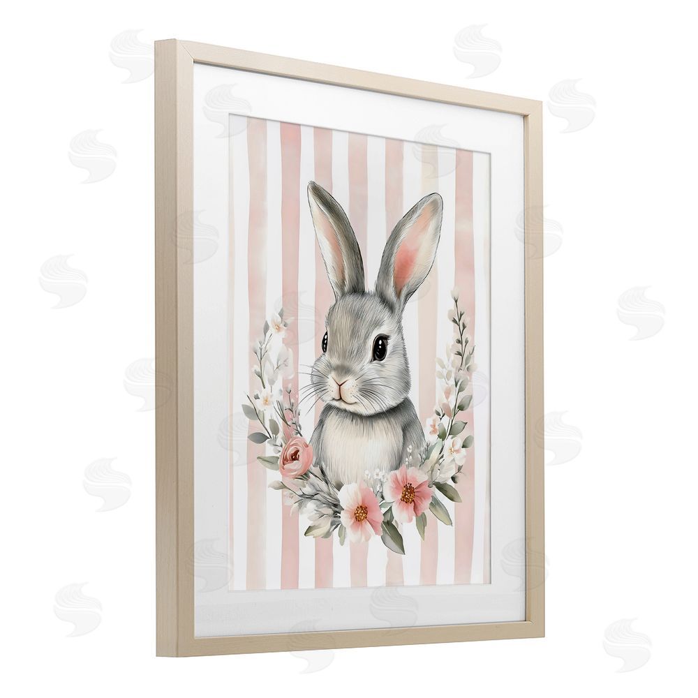 Arlington Prints Pink Striped Nursery Bunny Birch Framed Print Under Glass Art