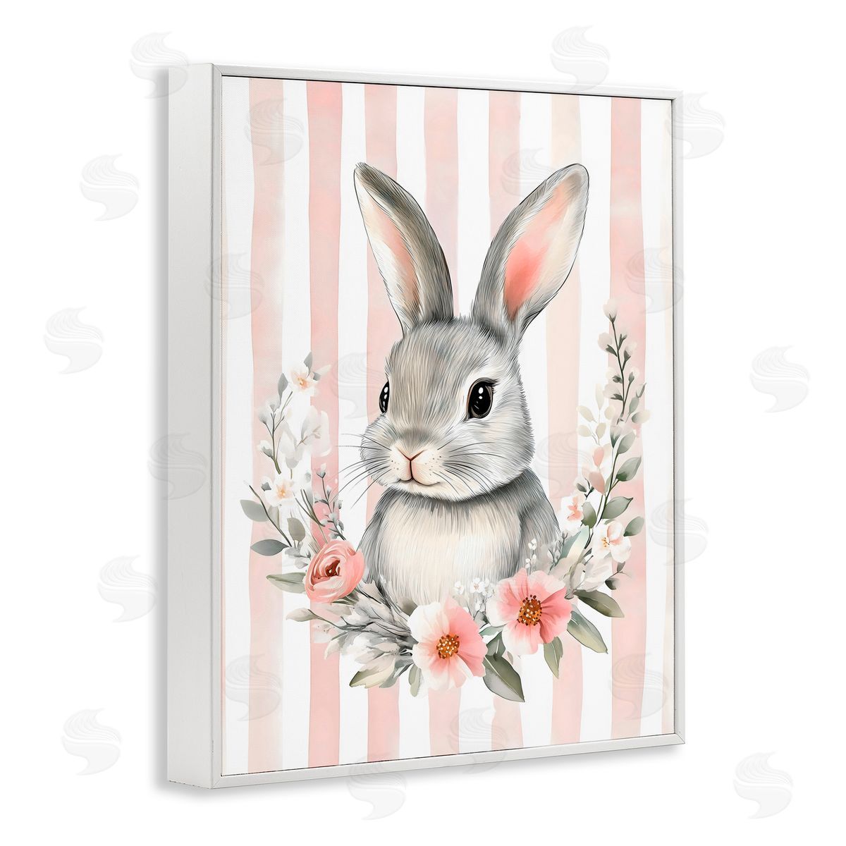 Arlington Prints Pink Striped Nursery Bunny White Frame Giclee Art Print