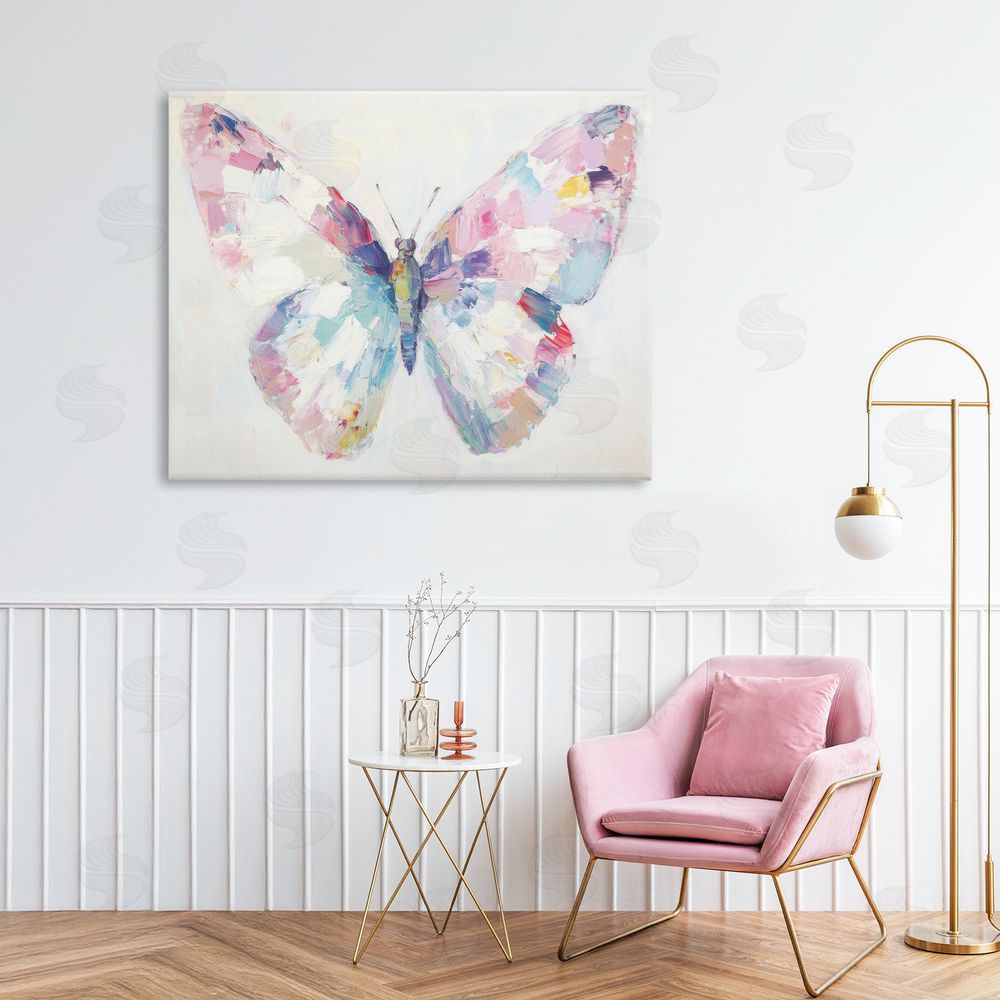 Petal Prints Design Jeweled Butterfly over Off-White Canvas Art on Wall