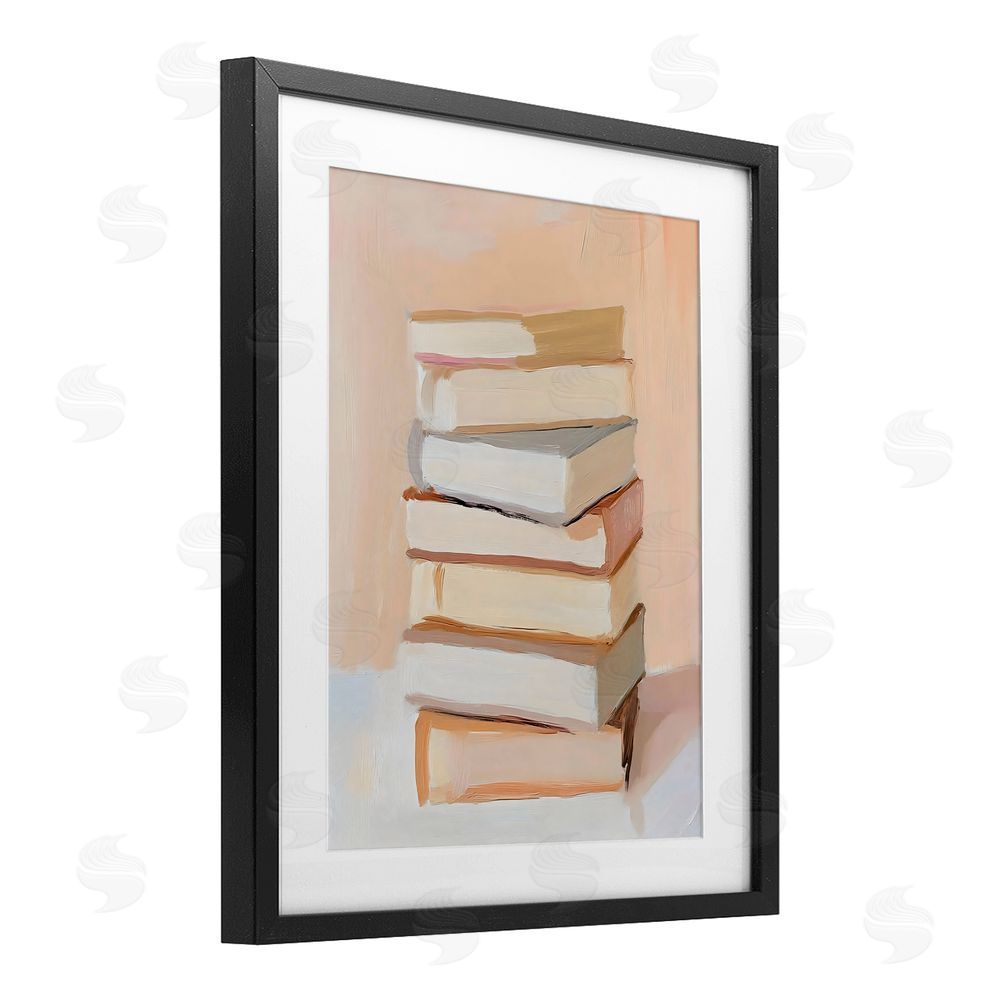 LSR Design Studio Book Stack Soft Orange Black Framed Print Under Glass with White Mat Wall Art