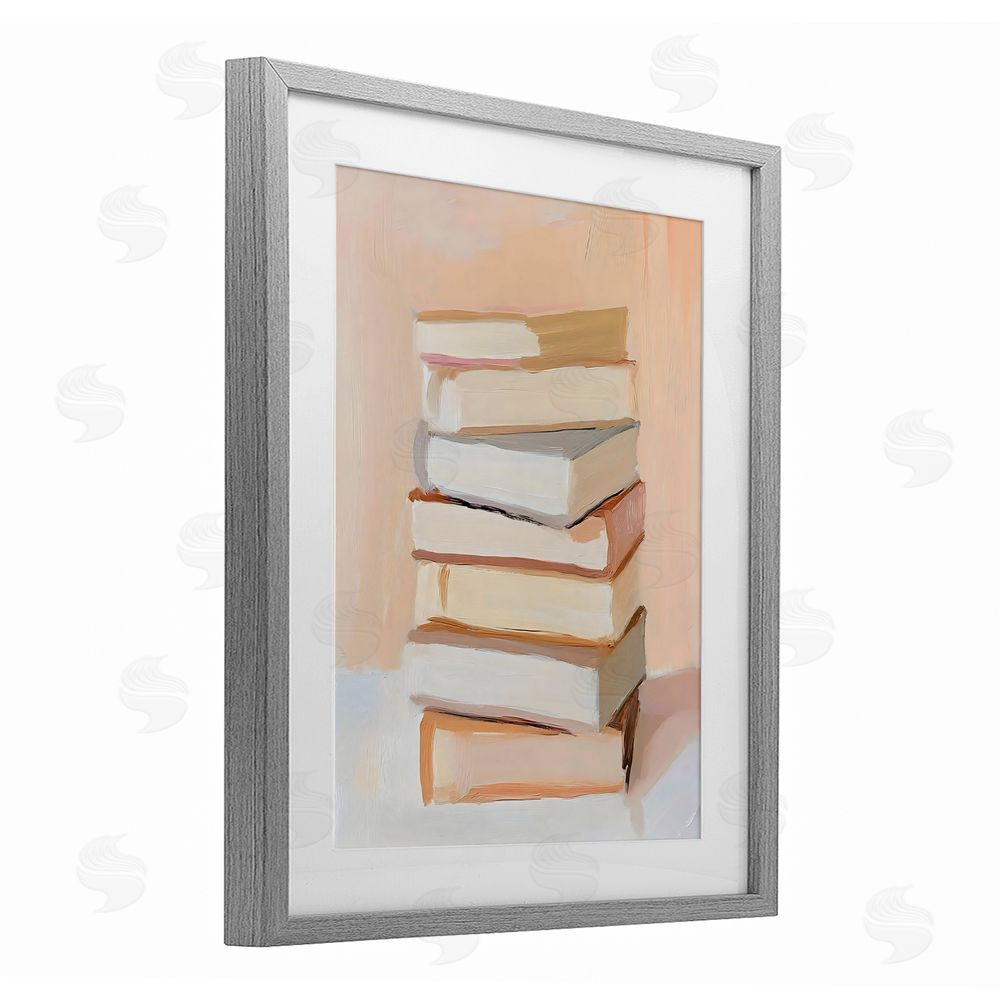 LSR Design Studio Book Stack Soft Orange Gray Framed Print Under Glass with White Mat Wall Art