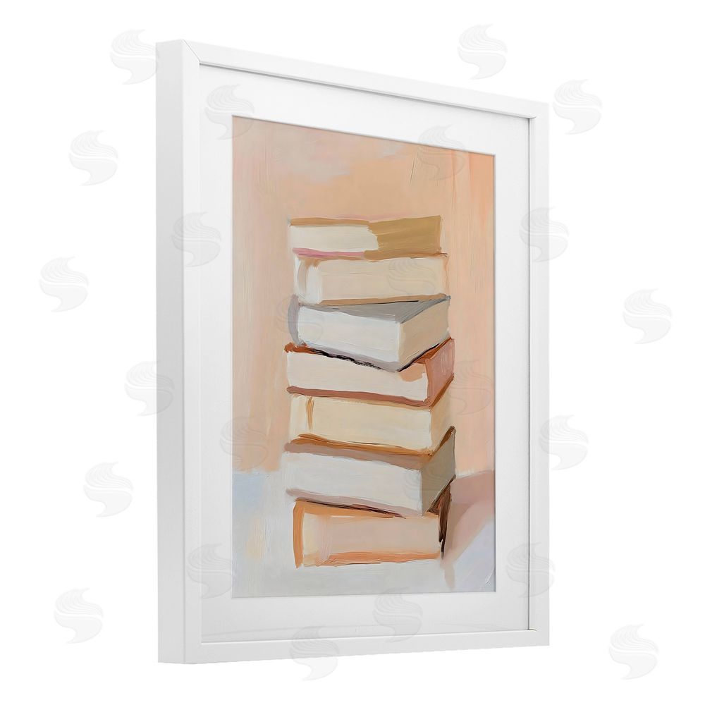 LSR Design Studio Book Stack Soft Orange White Framed Print Under Glass with Mat Wall Art