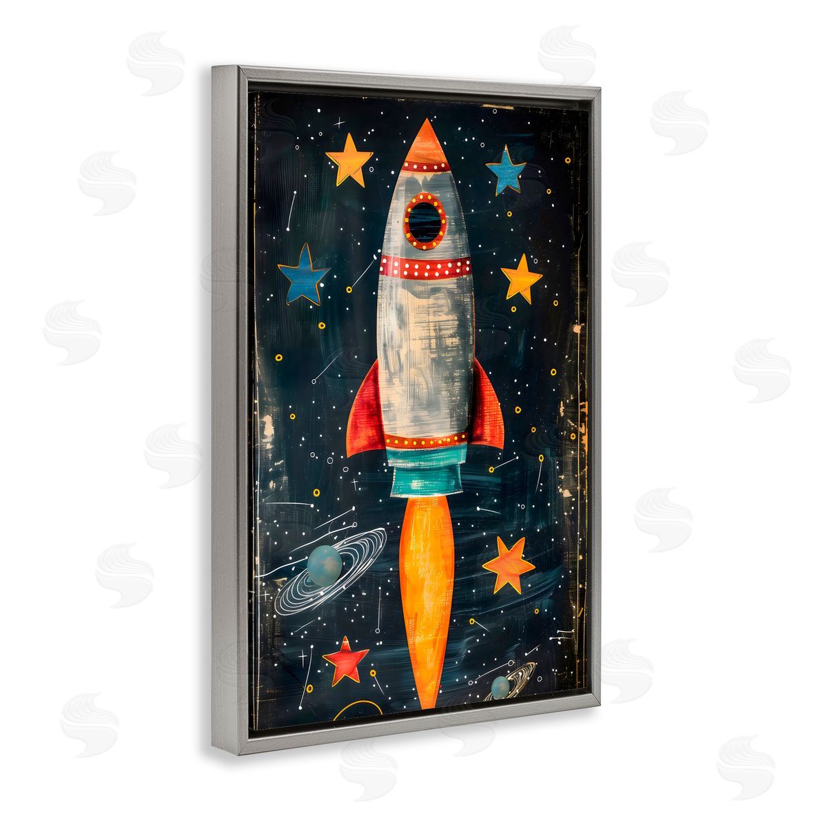Creative Studio Blast Off Rocketship Gray Floating Frame Canvas Art Print