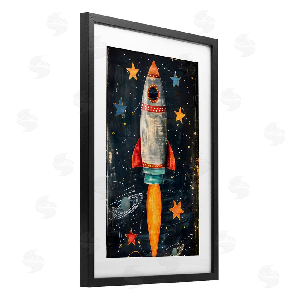 Creative Studio Blast Off Rocketship Black Framed Print Under Glass Art
