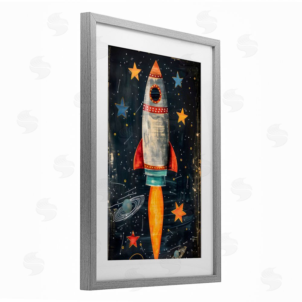 Creative Studio Blast Off Rocketship Gray Framed Print Under Glass Art