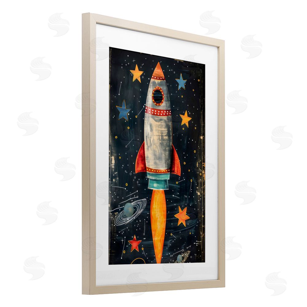 Creative Studio Blast Off Rocketship Birch Framed Print Under Glass Art