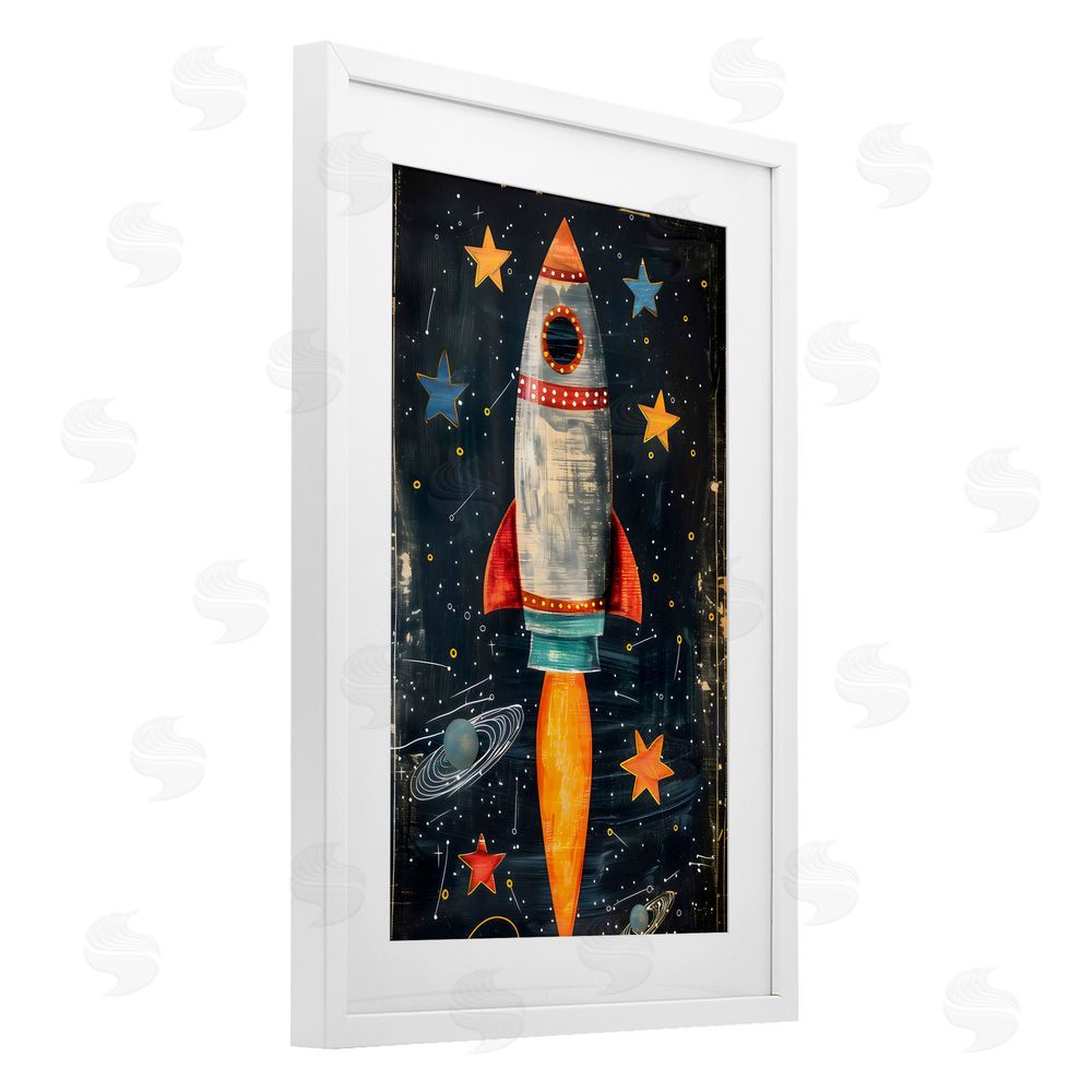 Creative Studio Blast Off Rocketship White Framed Print Under Glass Art
