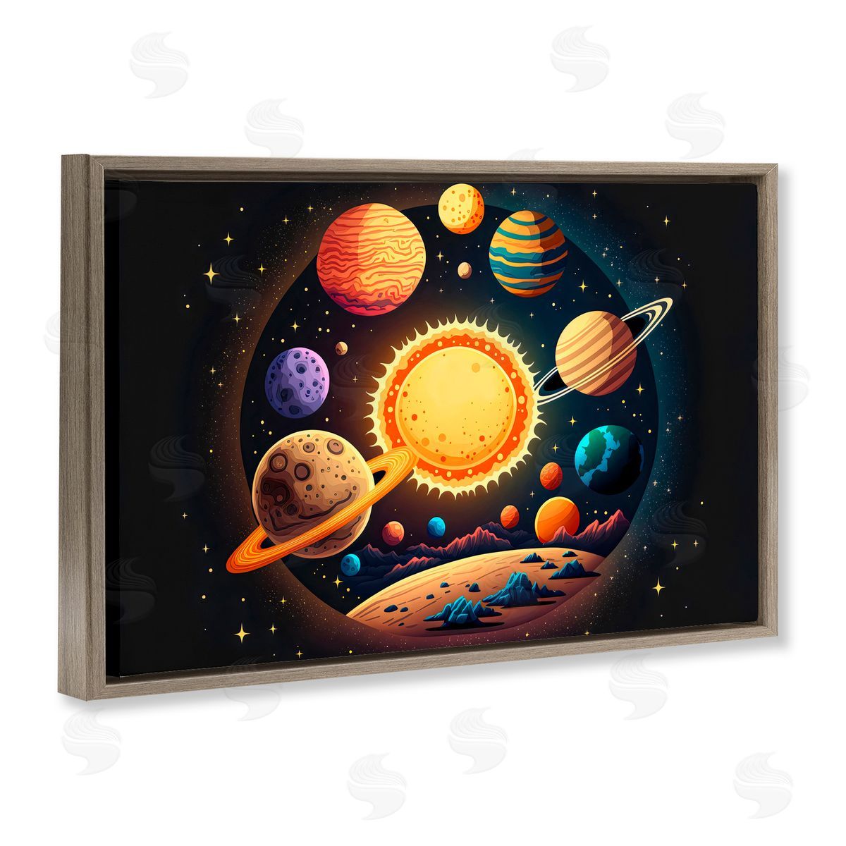 Creative Studio Round Cosmic Solar System Brown Floating Frame Canvas Art Print