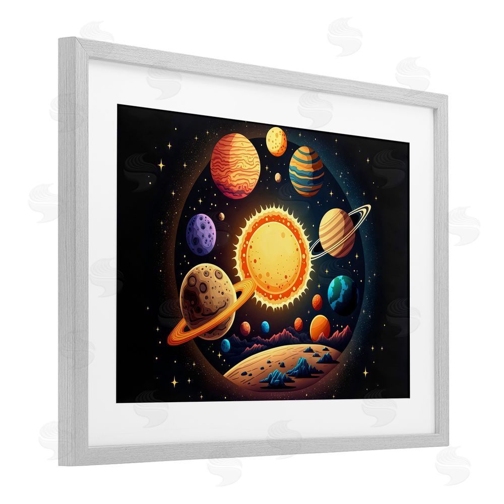 Creative Studio Round Cosmic Solar System Gray Framed Print Under Glass Art