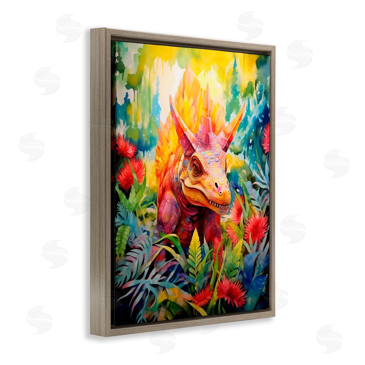 Creative Studio Colorful Dinosaur in Jungle Brown Floating Frame Canvas Art Print