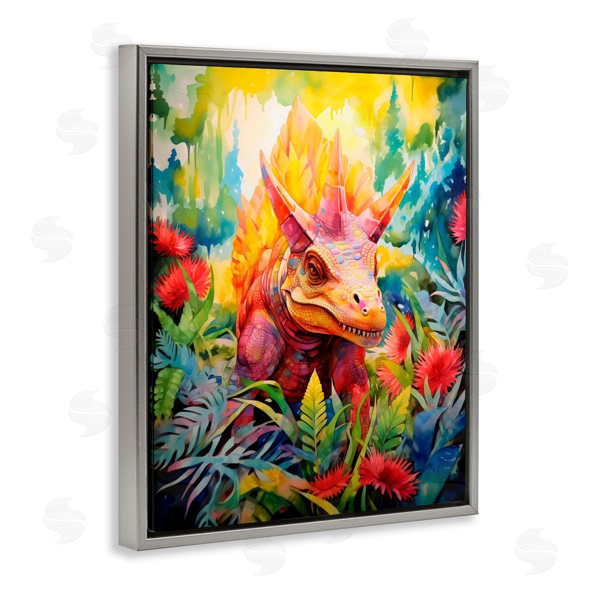 Creative Studio Colorful Dinosaur in Jungle Gray Floating Frame Canvas Art Print