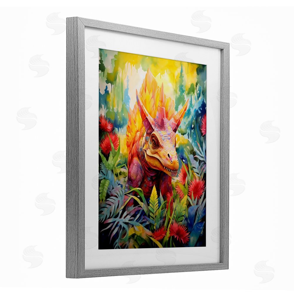 Creative Studio Colorful Dinosaur in Jungle Gray Framed Print Under Glass Art