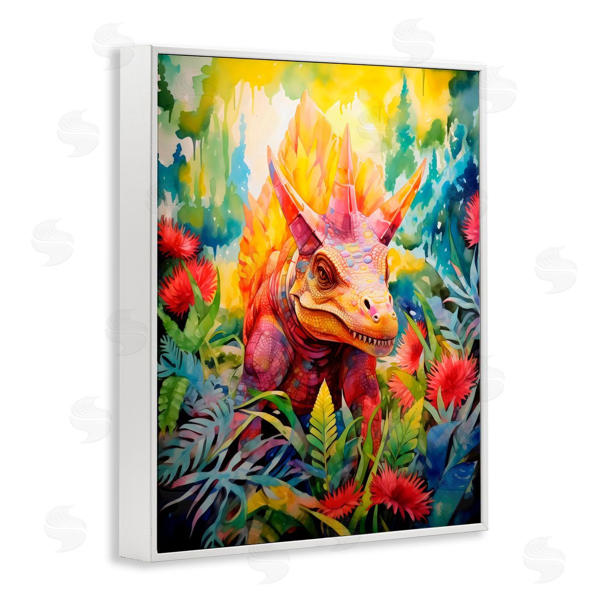 Creative Studio Colorful Dinosaur in Jungle White Frame Giclee Art Print