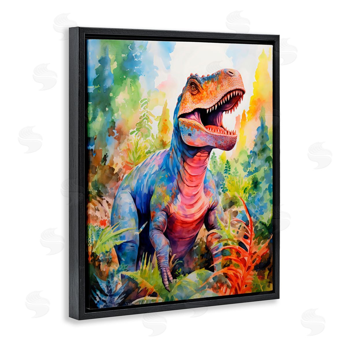 Creative Studio Colorful T-Rex Dinosaur in Jungle Black Floating Frame Canvas Wall Art Print