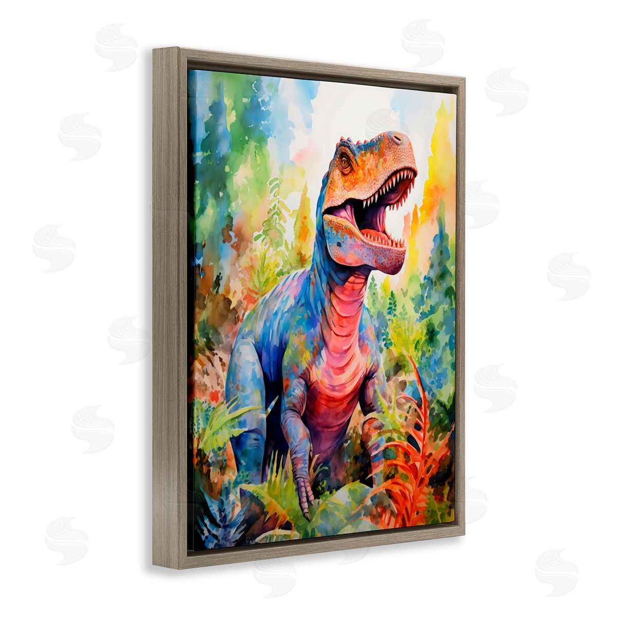 Creative Studio Colorful T-Rex Dinosaur in Jungle Brown Floating Frame Canvas Art Print