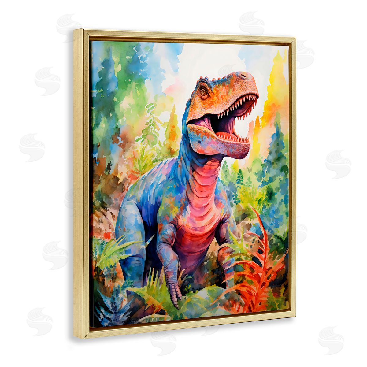 Creative Studio Colorful T-Rex Dinosaur in Jungle Gold Floating Frame Canvas Art Print