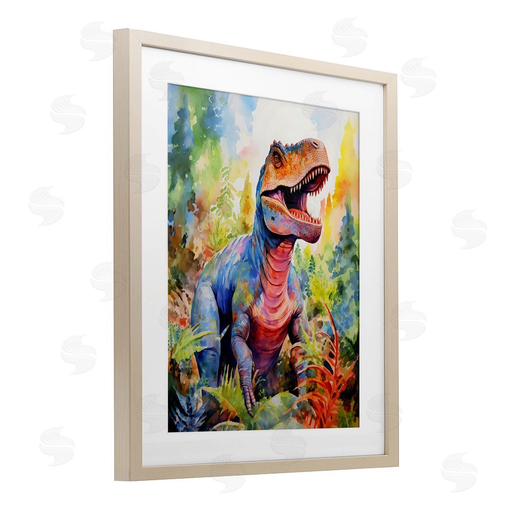 Creative Studio Colorful T-Rex Dinosaur in Jungle Birch Framed Print Under Glass Art