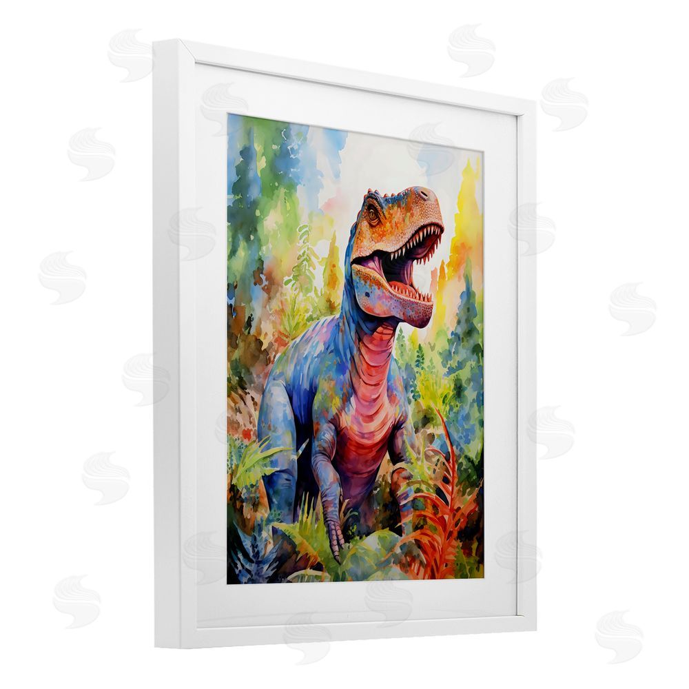 Creative Studio Colorful T-Rex Dinosaur in Jungle White Framed Print Under Glass Art