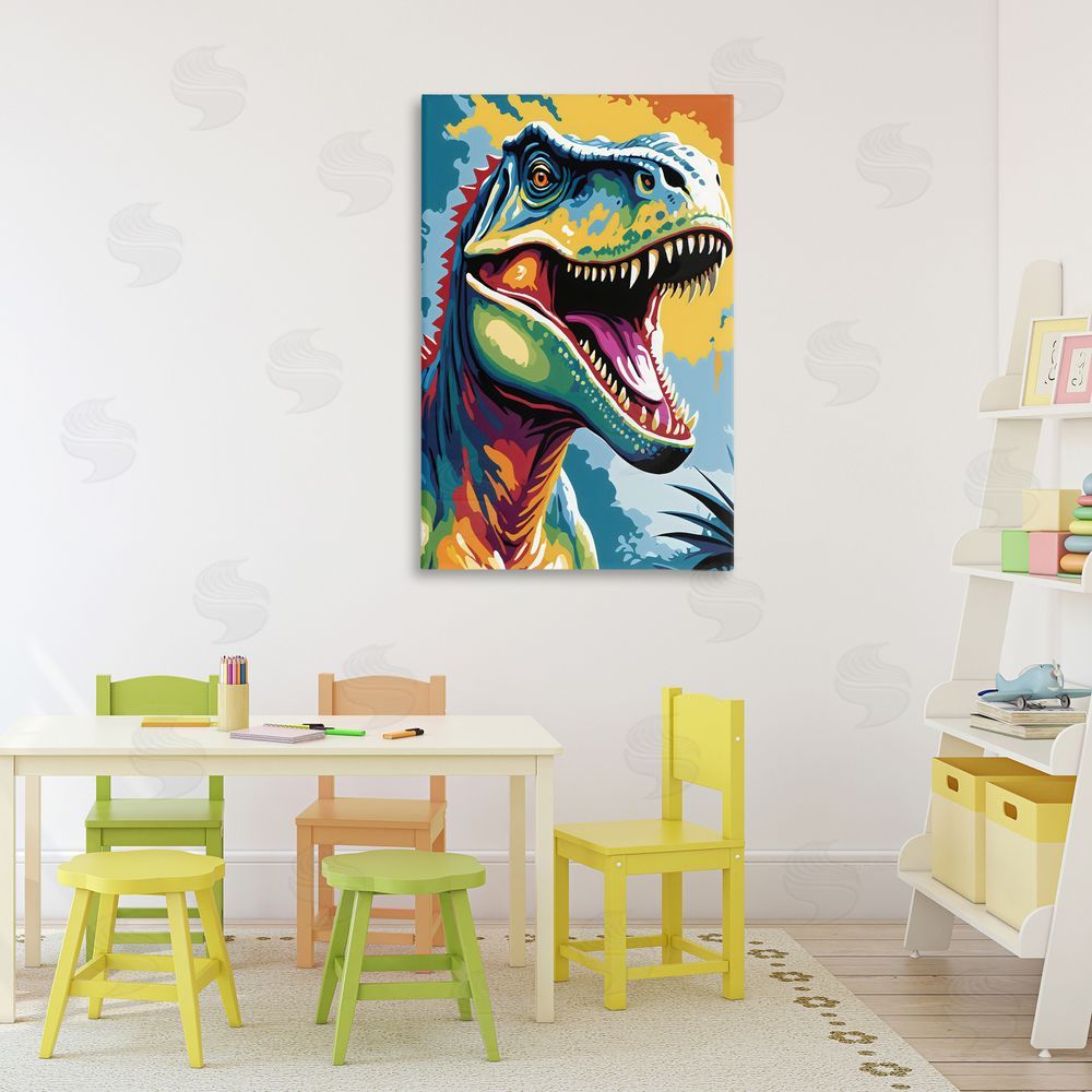 Creative Studio Colorful Roaring T-Rex Printed Wall Art in Room