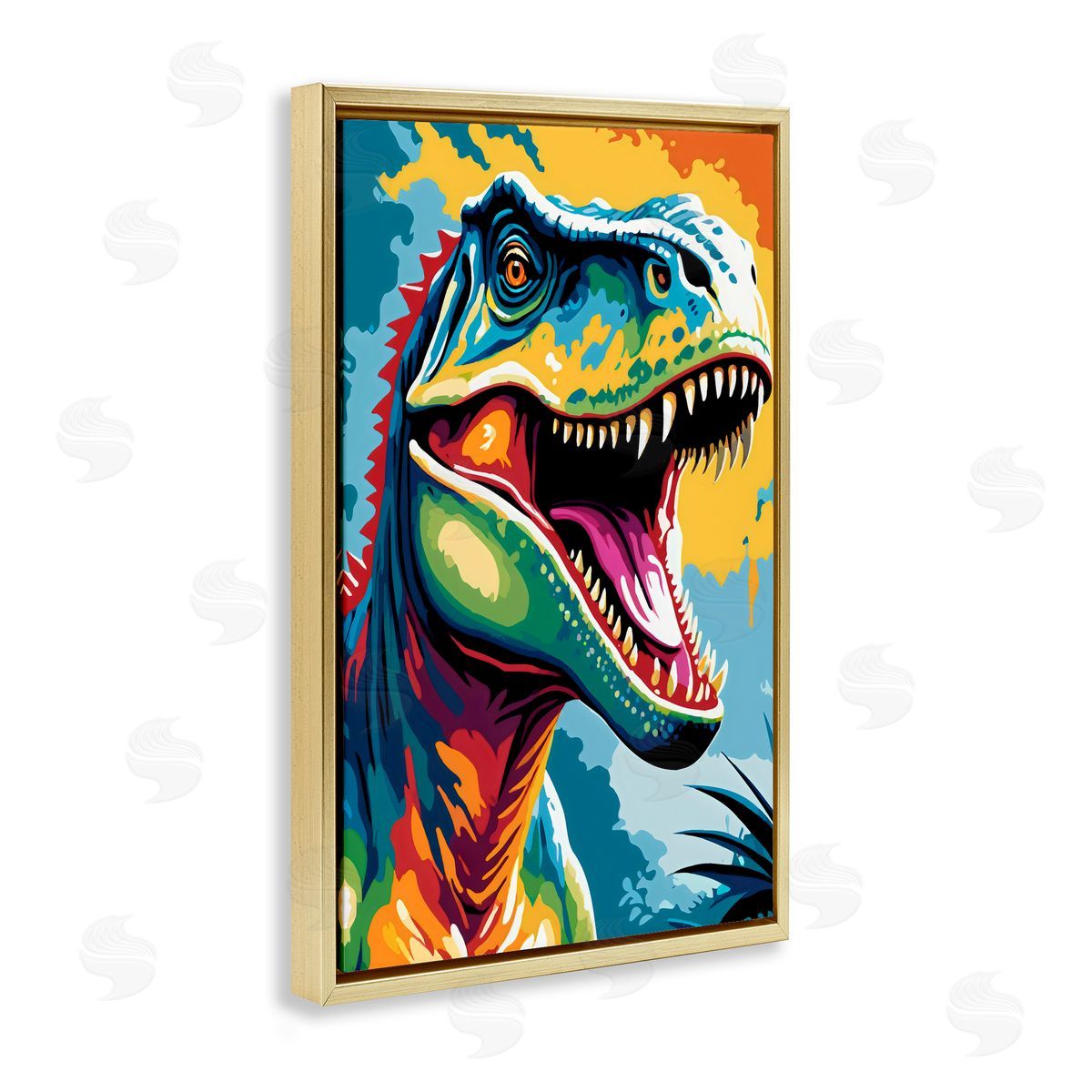 Creative Studio Colorful Roaring T-Rex Gold Floating Frame Canvas Art Print