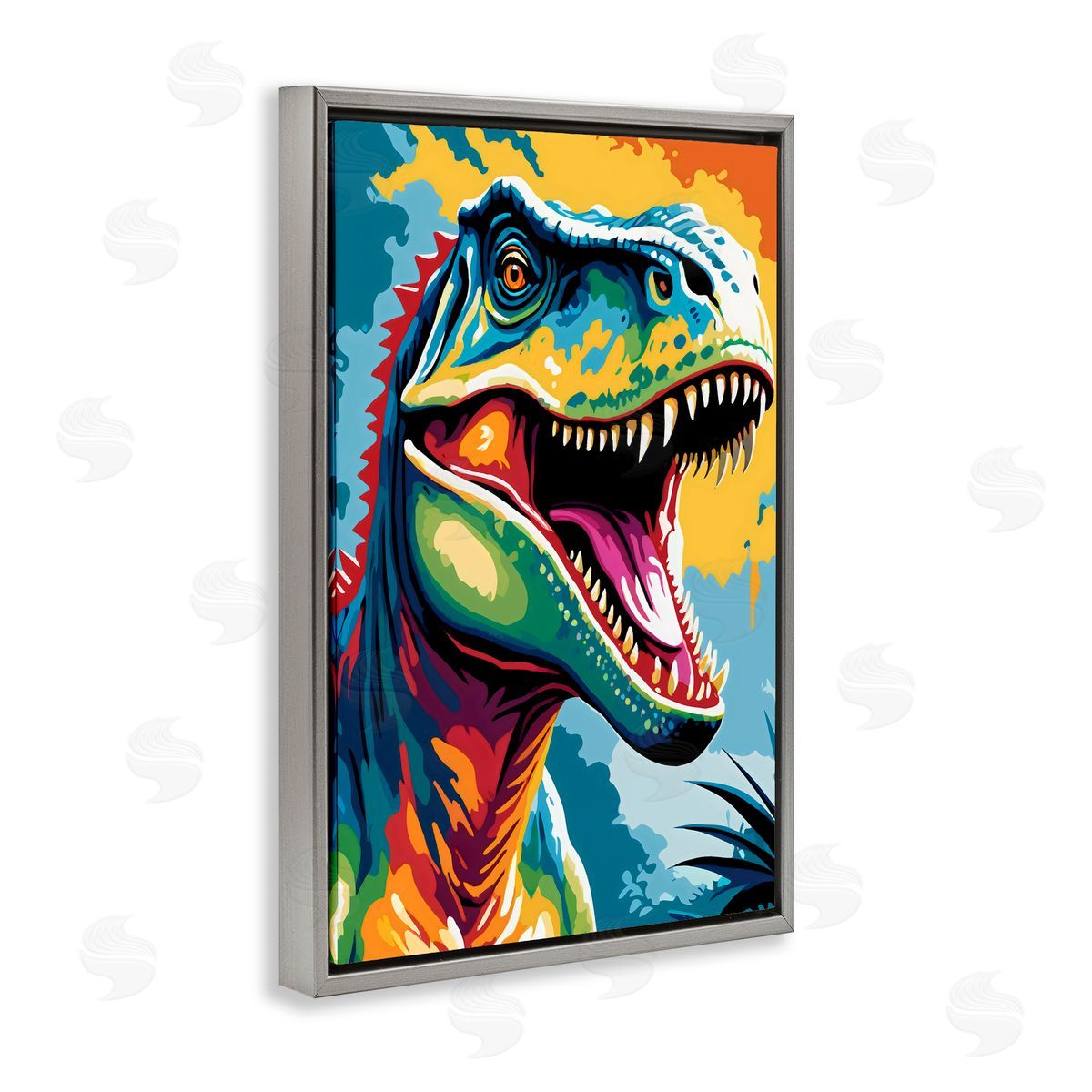 Creative Studio Colorful Roaring T-Rex Gray Floating Frame Canvas Art Print