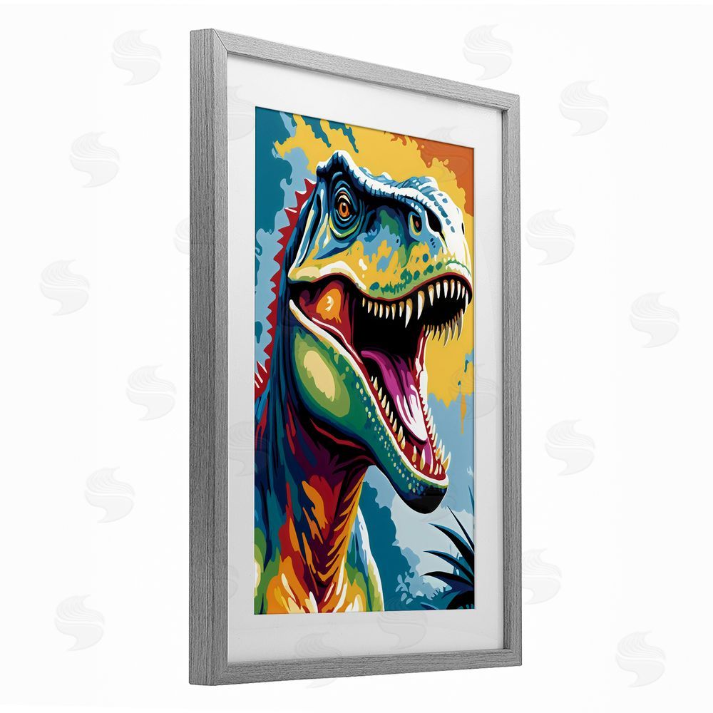 Creative Studio Colorful Roaring T-Rex Gray Framed Print Under Glass Art