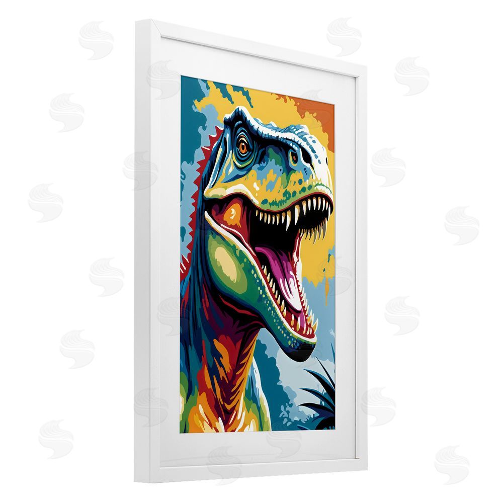 Creative Studio Colorful Roaring T-Rex White Framed Print Under Glass Art