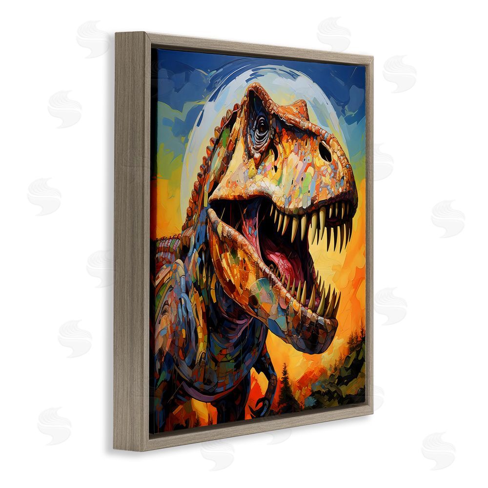 Creative Studio Roaring Dinosaur Vibrant Pattern Brown Floating Frame Canvas Art Print