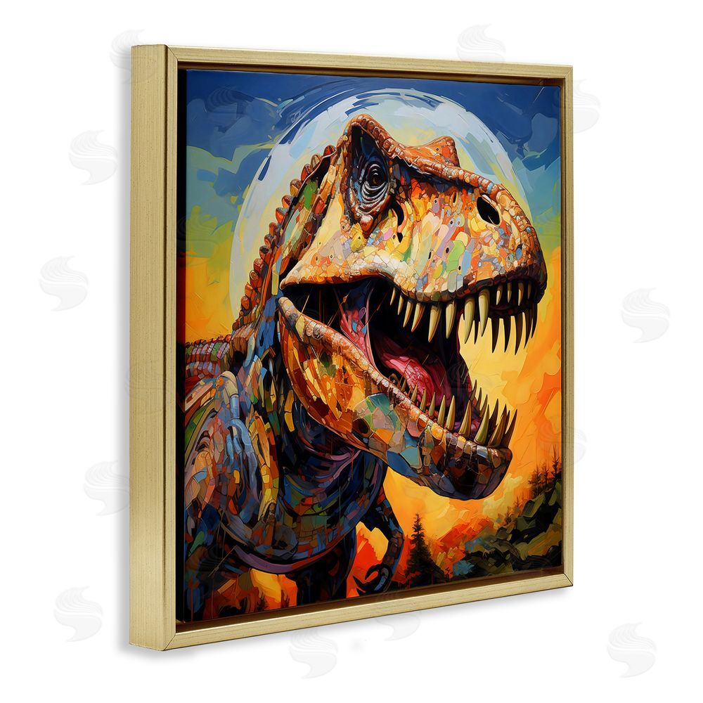 Creative Studio Roaring Dinosaur Vibrant Pattern Gold Floating Frame Canvas Art Print