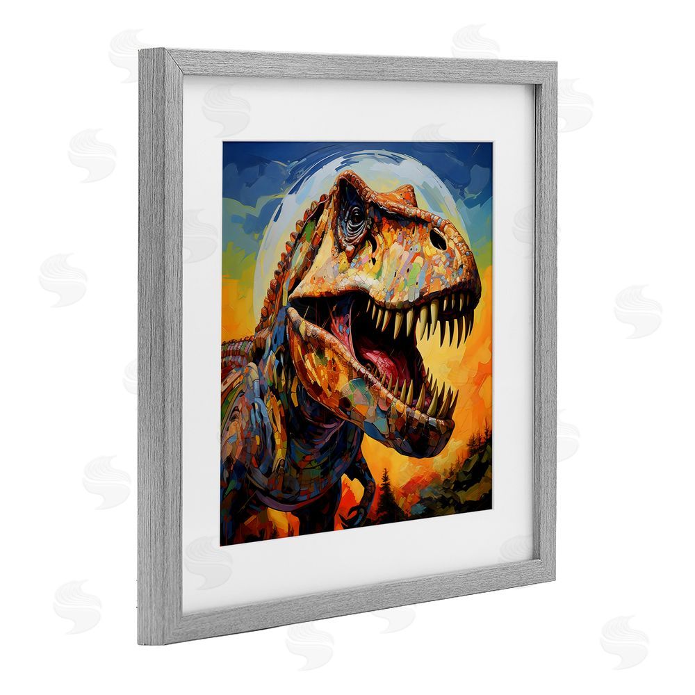 Creative Studio Roaring Dinosaur Vibrant Pattern Gray Framed Print Under Glass Art