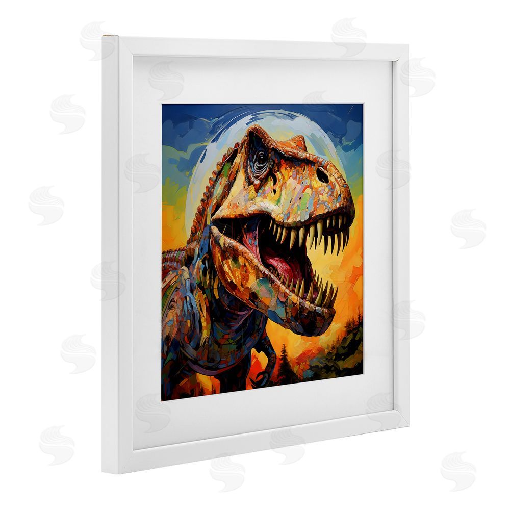 Creative Studio Roaring Dinosaur Vibrant Pattern White Framed Print Under Glass Art